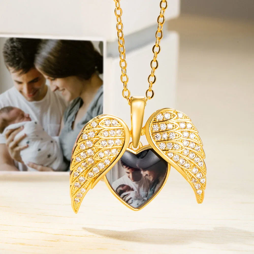 Custom Angel Wings Heart Photo Necklace - Image 3