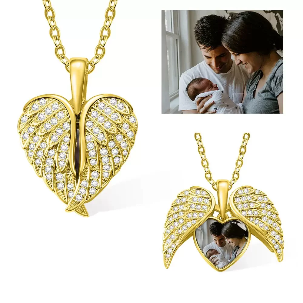 Custom Angel Wings Heart Photo Necklace - Image 7